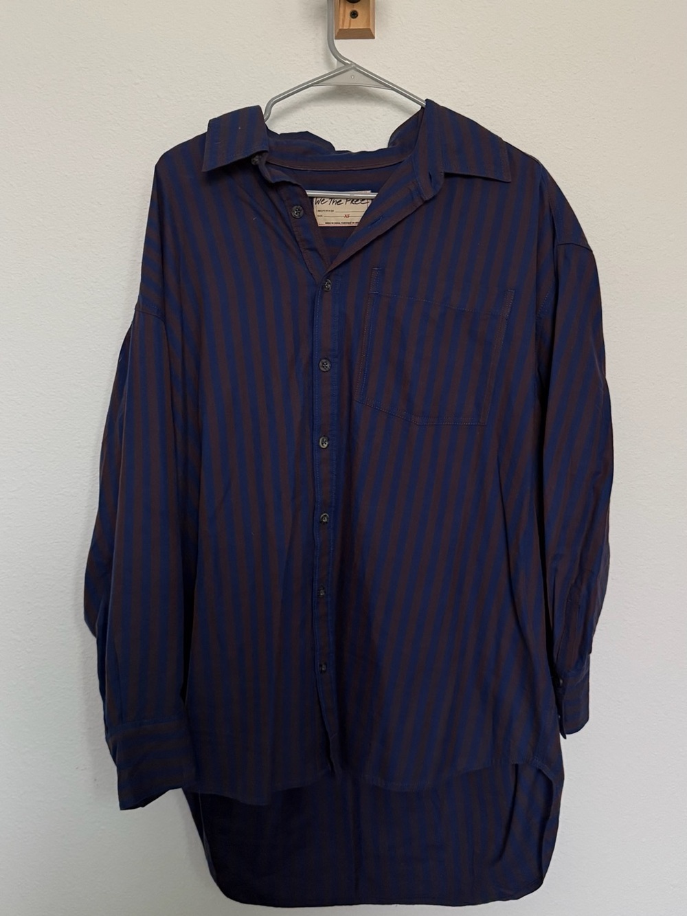 Free People Navy and Brown oversized Button-Up Shirt